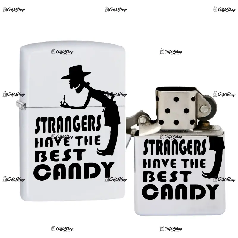 Strangers have the best candy, bricheta metalica gravata laser cu mesaj